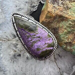 Sterling Southwestern Style Elongated Teardrop Stichtite Ring Sz 8.75 For Women